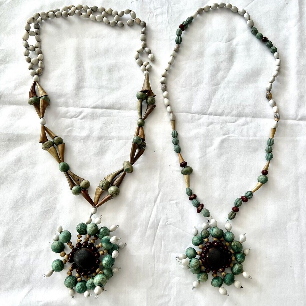 Vintage Multi Strand Multi Natural Color Wood Beaded Bohemian Tassel Necklaces
